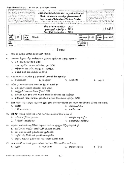 Grade 9 Science Third Term 2025 Western Province (SM) thumbnail